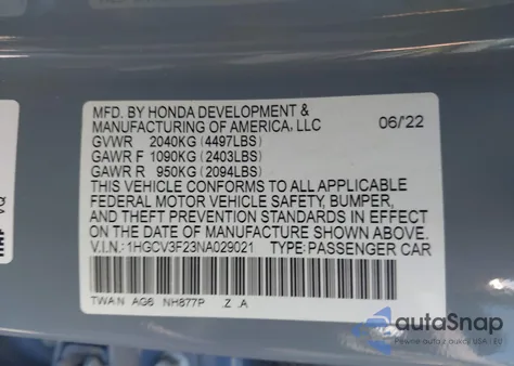 2022 Honda Accord Hybrid Sport z USA, uszkodzony, nr VIN 1HGCV3F23NA029021